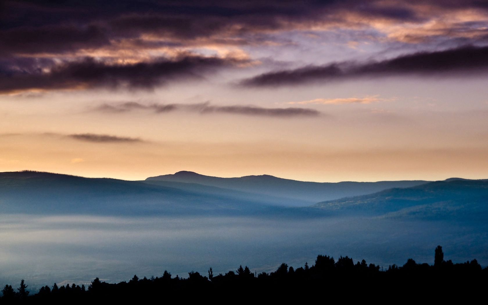 mountains, fog, evening, outlines, clouds