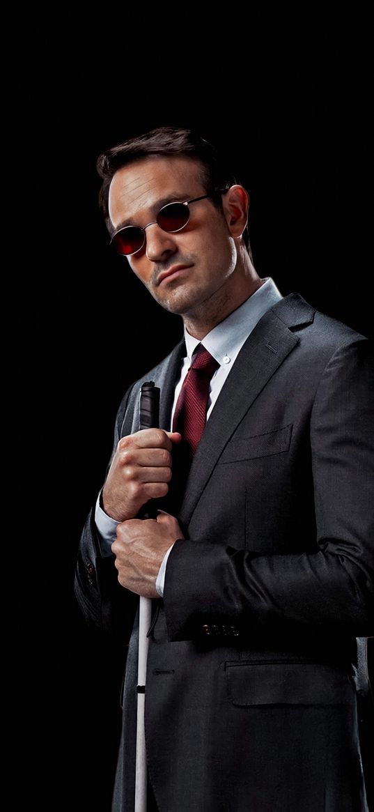 daredevil, superhero, marvel, man, blind, glasses, cane, black background, art