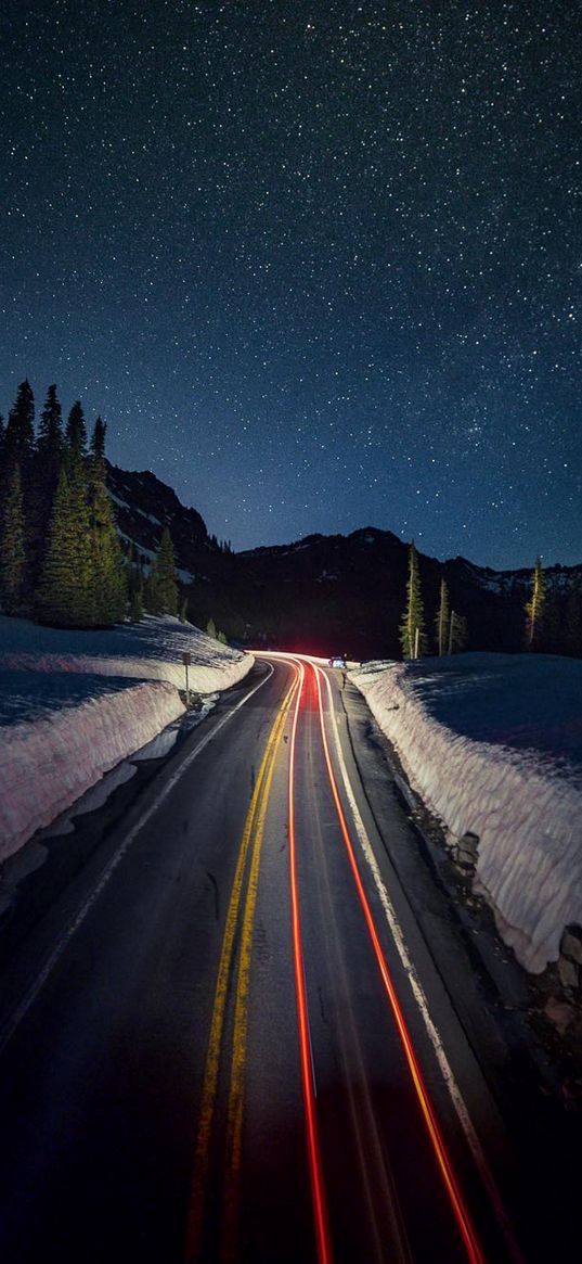 road, headlights, timelapse, trees, forest, snow, winter, mountains, starry sky, stars, night, nature