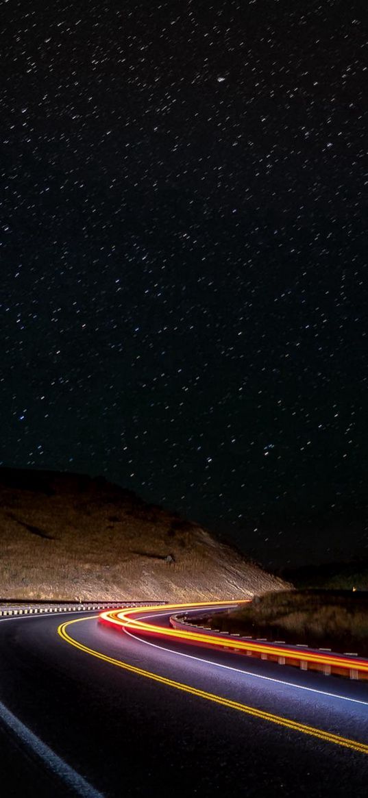 road, lights, timelapse, savannah, hills, starry sky, stars, night, nature