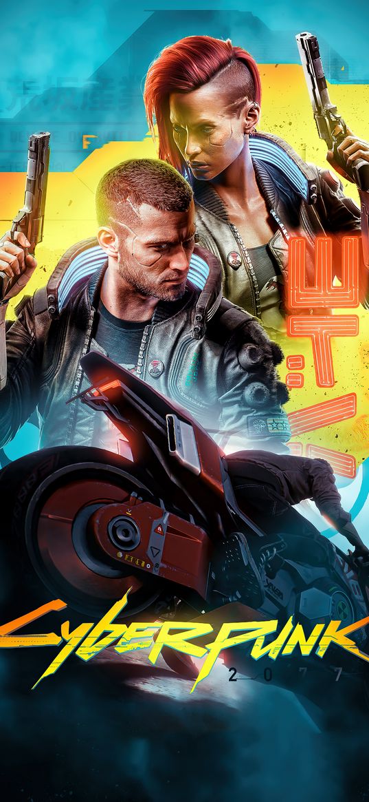 cyberpunk 2077, game, v, character, guy, girl, motorcycle, poster, art