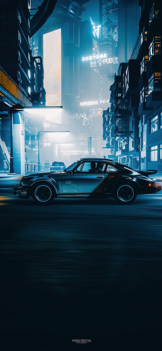 porsche, car, street, houses, city, night, cyberpunk, future, art