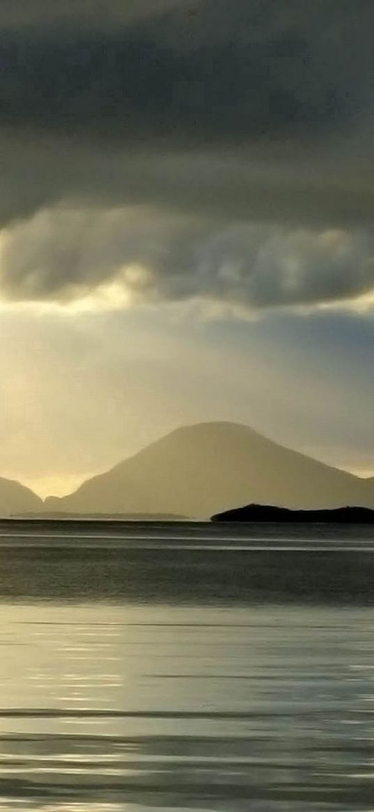 sea, night, silhouettes, mountains, light