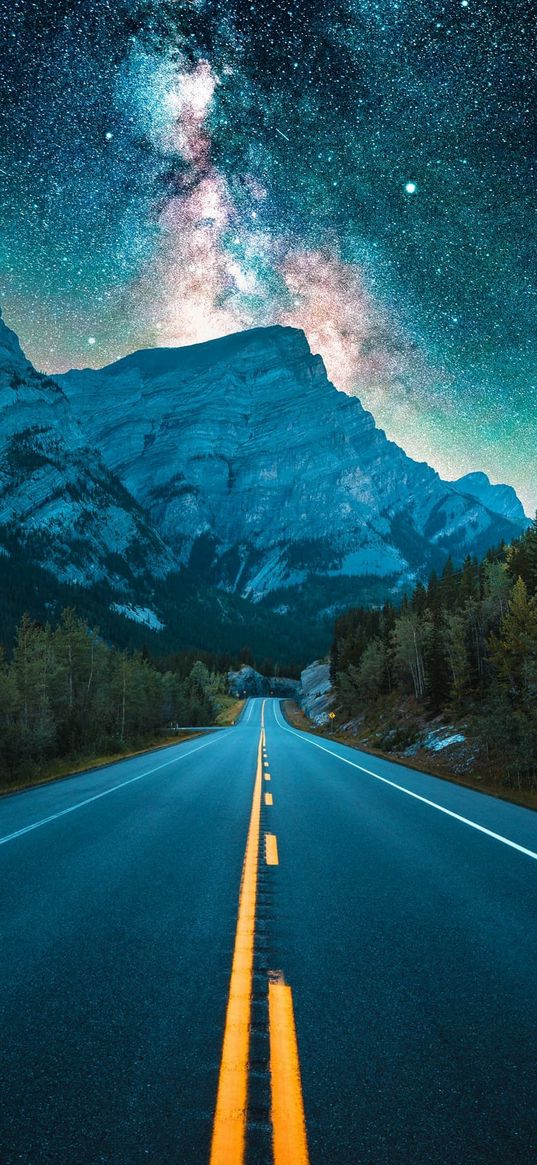 road, trees, forest, mountains, milky way, starry sky, stars, night, landscape, nature