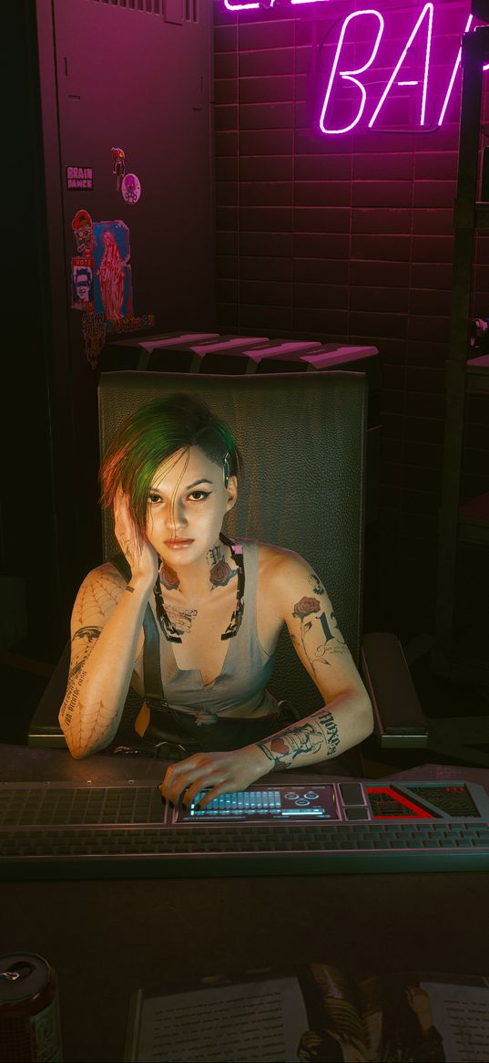 judy alvarez, cyberpunk 2077, game, girl, tattoo, computer, neon, art