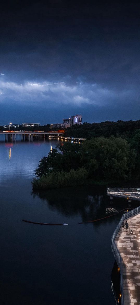 bridge, river, trees, park, city, clouds, thunderstorm, landscape, nature