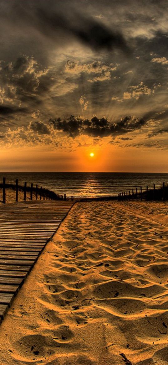 beach, sand, road, traces, fence, sun, evening, sky, decline, clouds