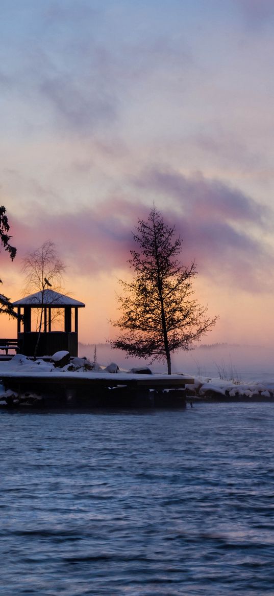 sweden, winter, bay, fog, dawn