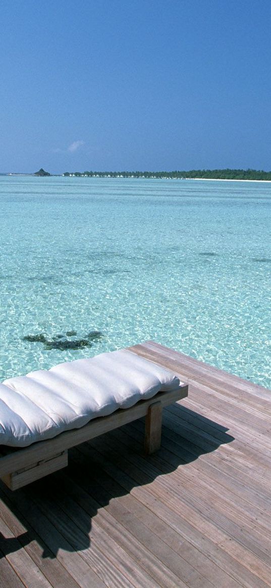 plank bed, mattress, pier, water, transparent