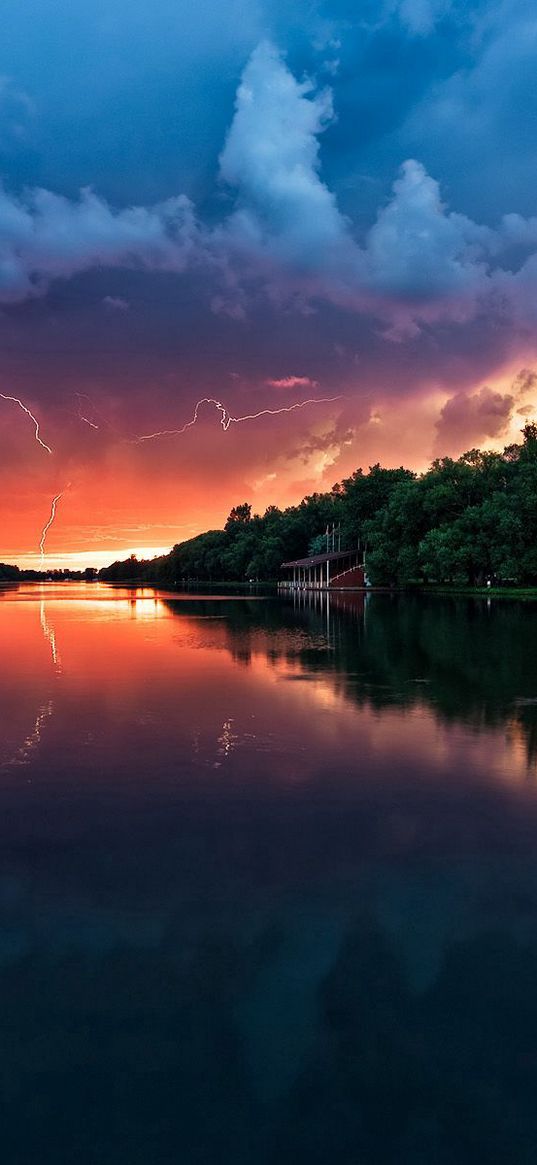 clouds, thunder-storm, river, reflection, lightning, trees