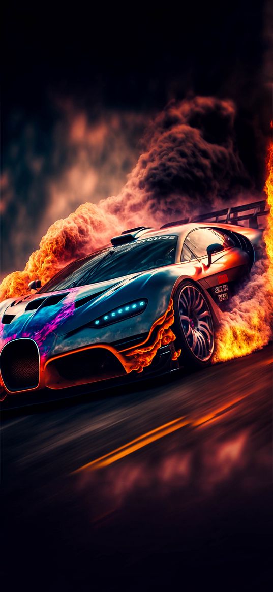 bugatti, car, black, smoke, road, art