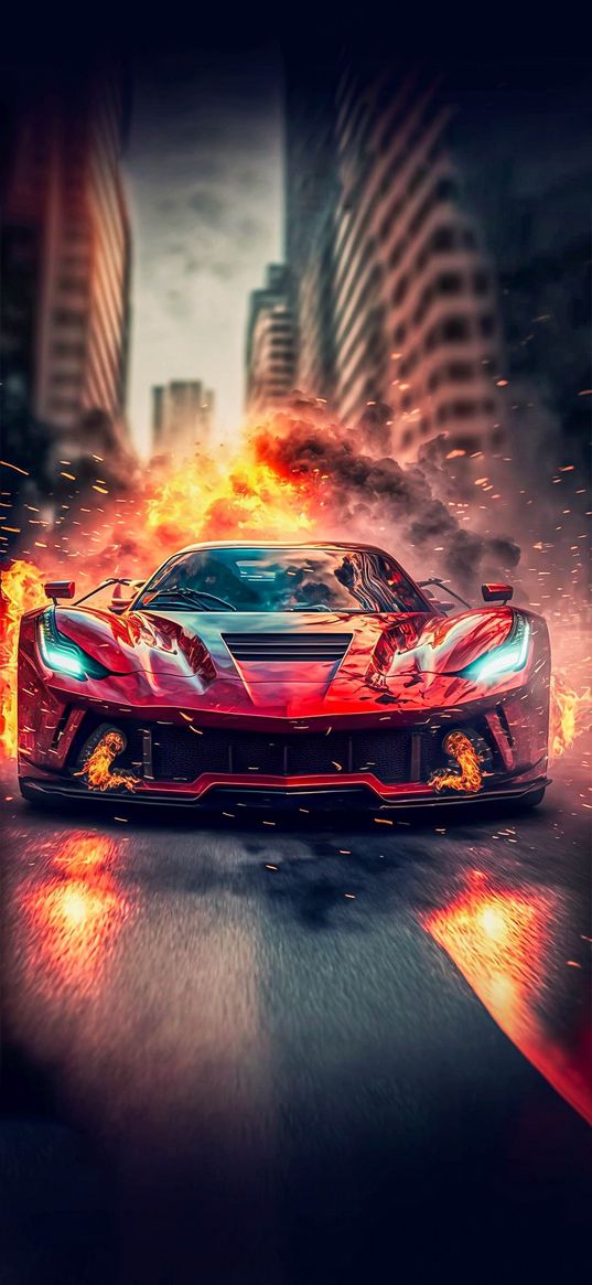 mclaren, car, orange, sports car, fire, smoke, city, art