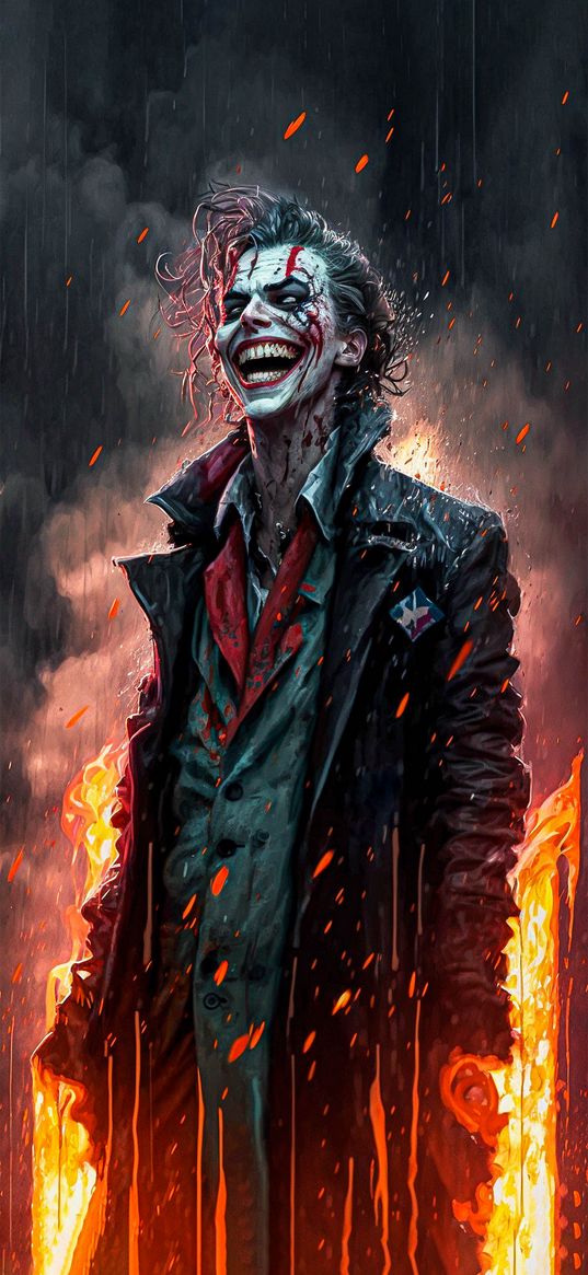 joker, dc, character, villain, fire, sparks, art