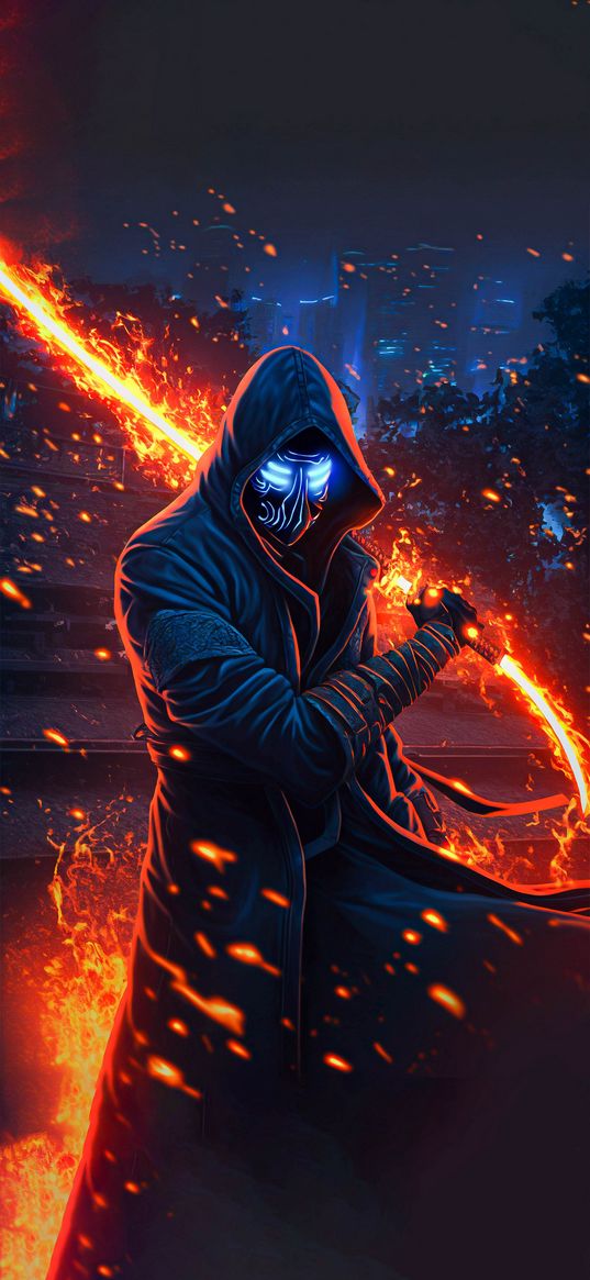 man, mask, hood, weapon, fire, art