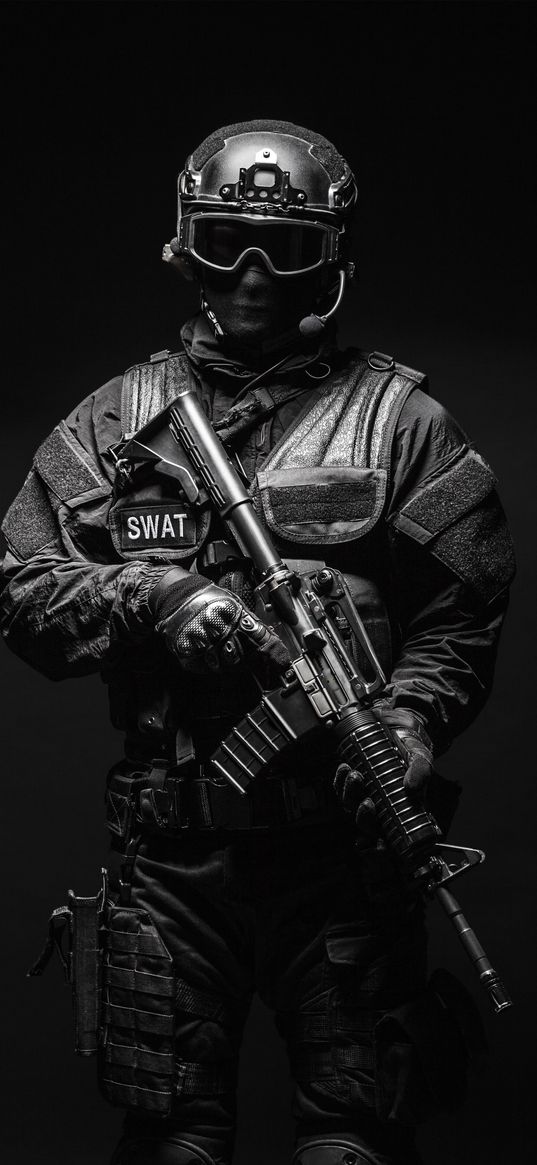 swat, military, helmet, bulletproof vest, weapon, dark