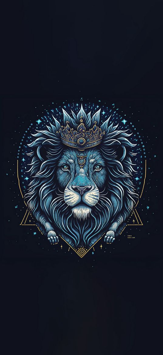 lion, crown, geometry, blue, art