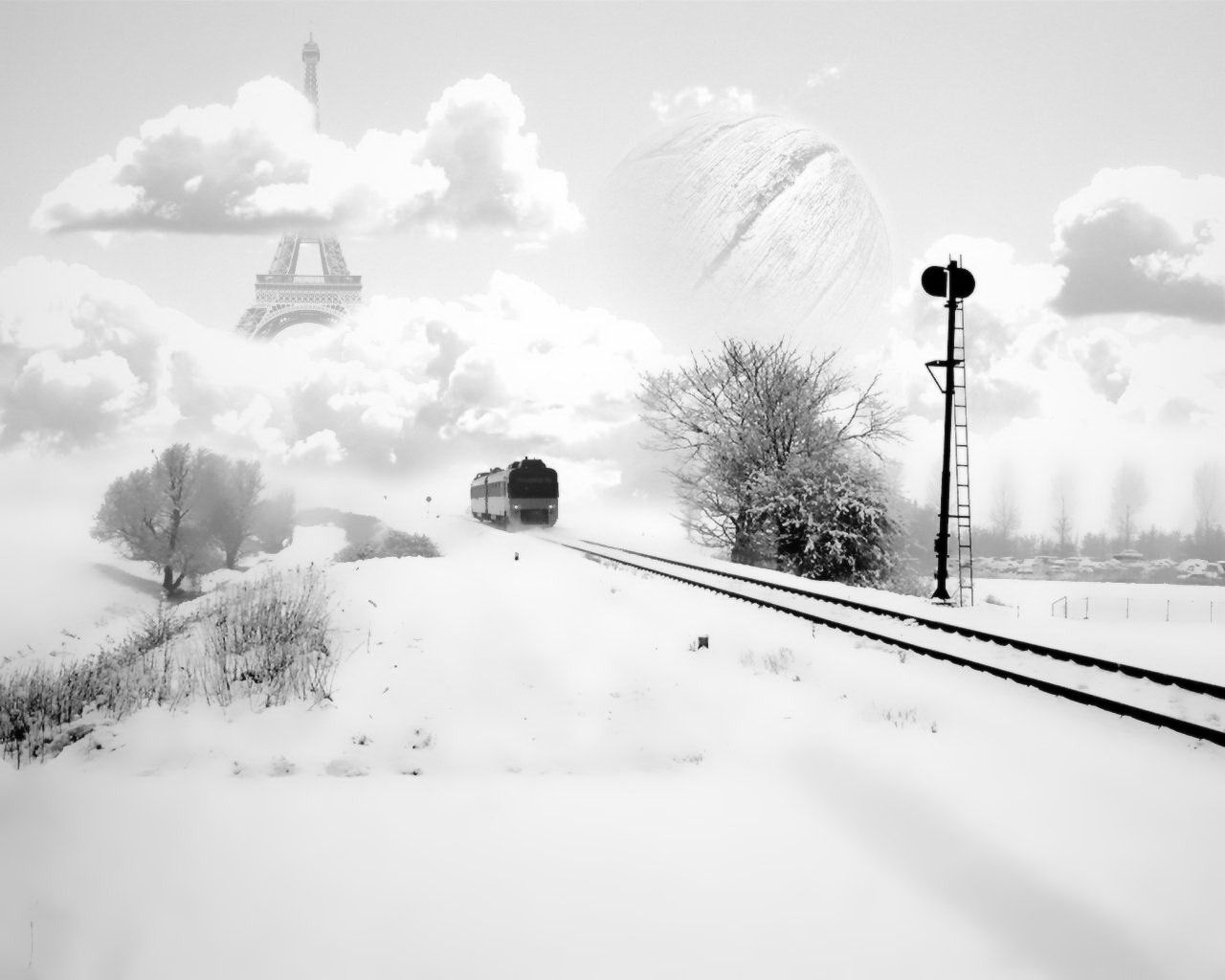 eifel tower, paris, france, tram, winter, snow, rails, clouds