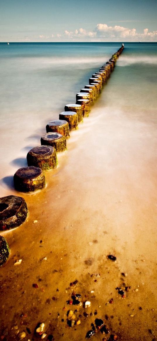 stubs, sand, coast, stones, water