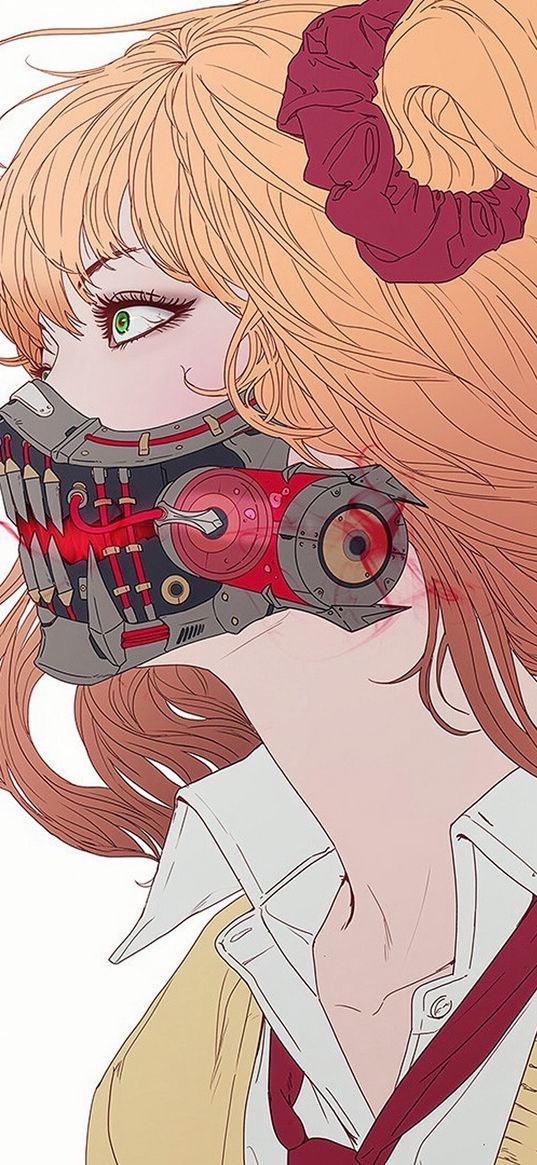 girl, anime, art, mask, respirator, knife