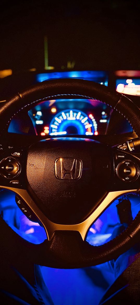 honda civic, honda, car, steering wheel, night, backlight