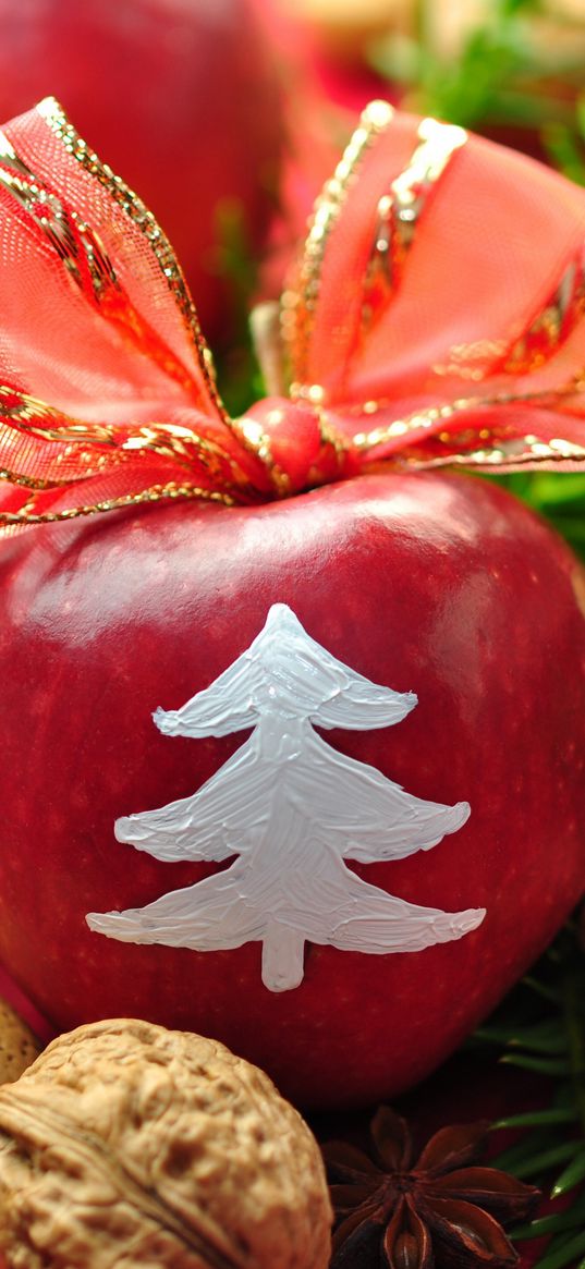 new year, holiday, table, apples, ribbon, bow, decoration, walnuts, pine needles, pine cones, cinnamon