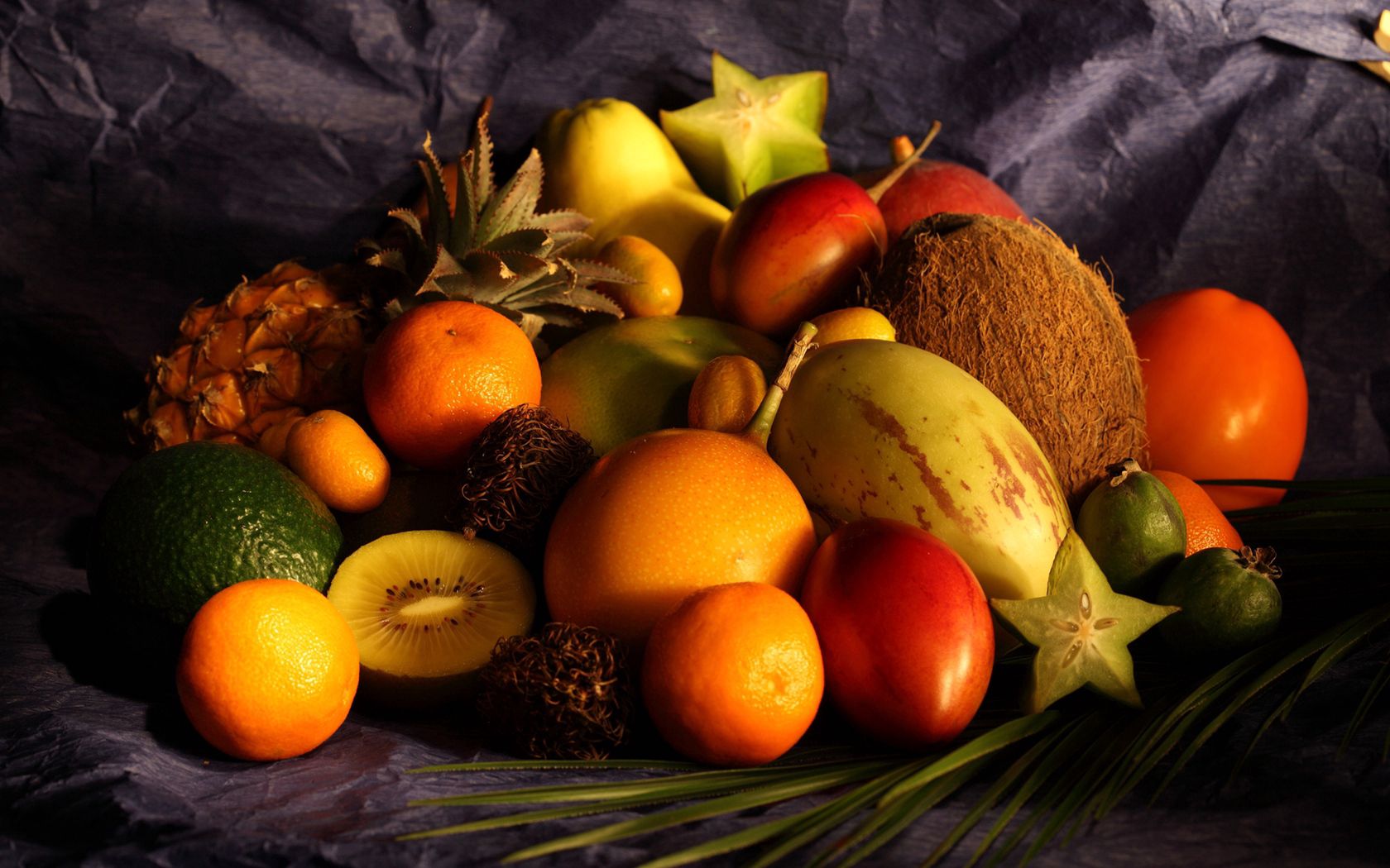 cloth, table, fruit, coconut, pomegranate, grapefruit, pineapple, mango, pear, tangerine, lime