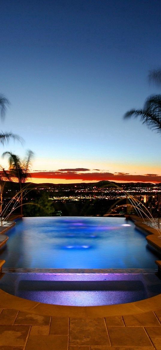 swimming pool, palm trees, evening, comfort