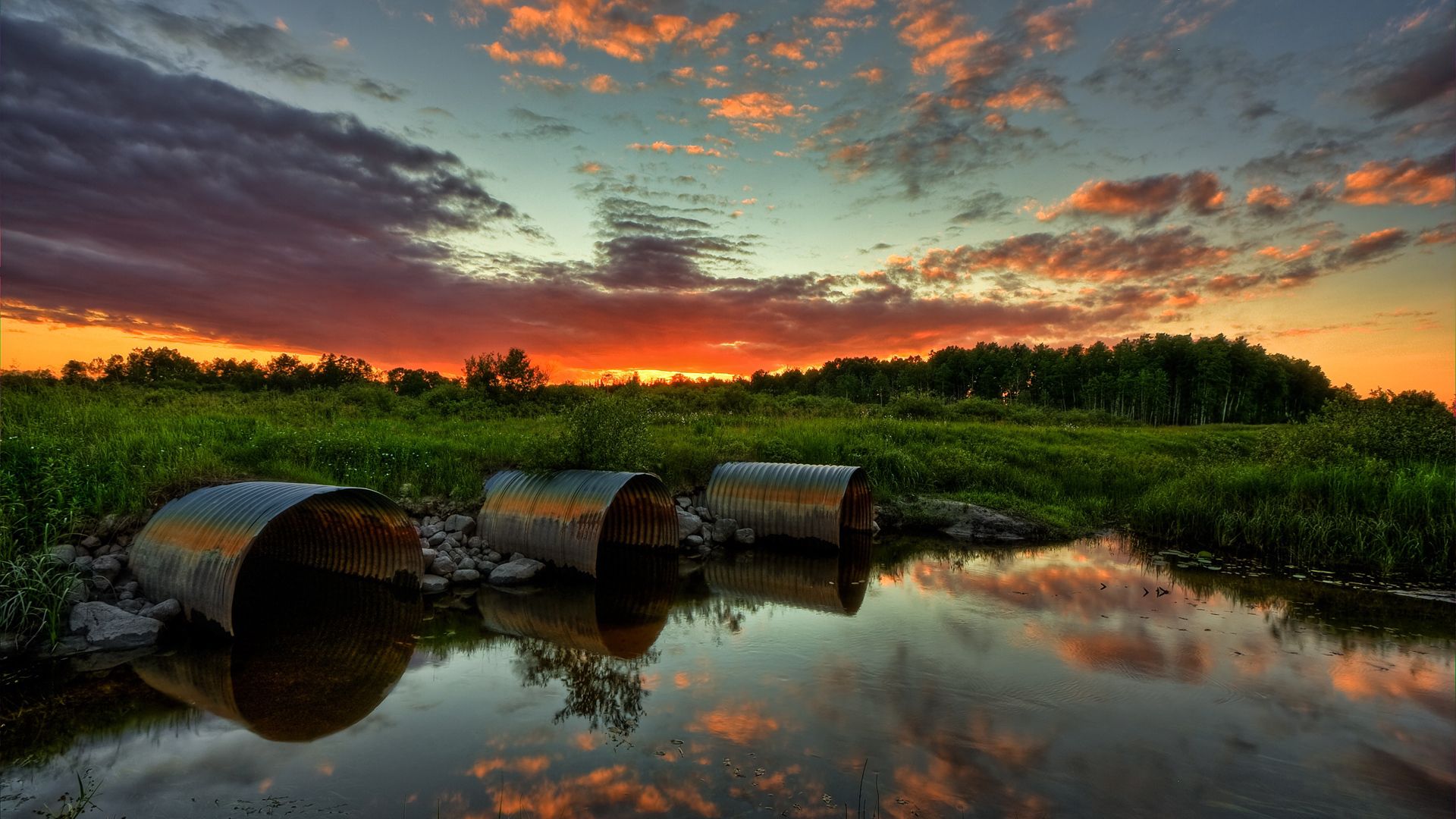 pipes, evening, decline, water, reflexion, sky