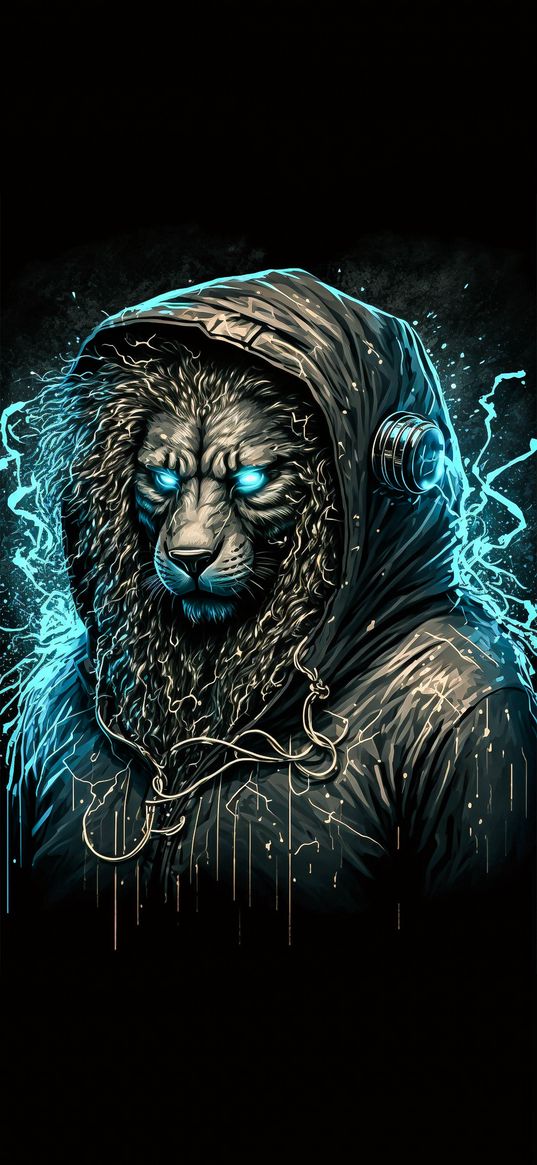 lion, thunder, headphones, dark, black, cool, night, art