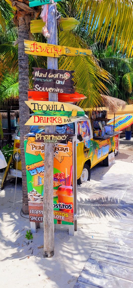 sign, islamujeres, palmtree, indicator