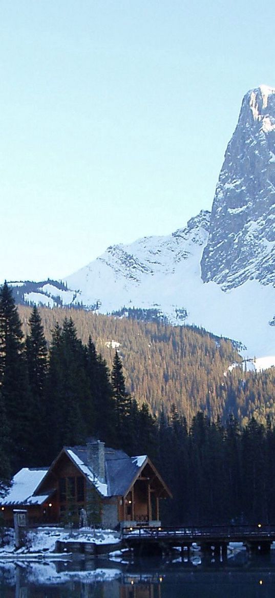 mountains, bridge, small house, structure, top, lake, trees, fur-trees