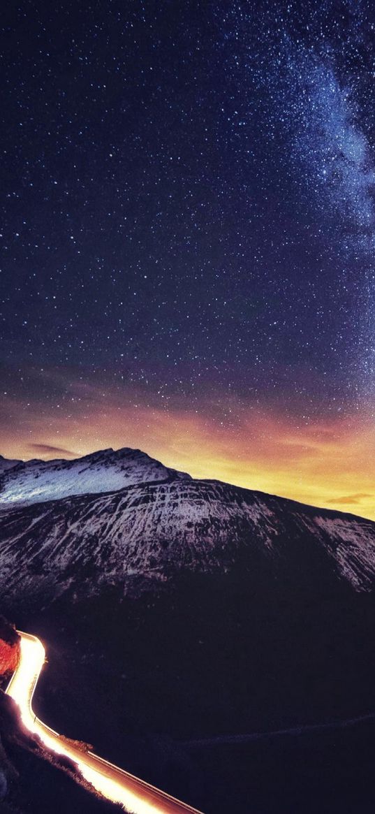 road, timelapse, hills, mountain, sunset, starry sky