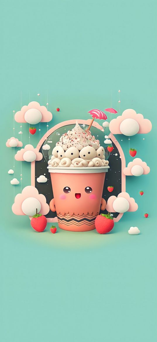 milkshake, ice cream, dessert, face, cute, clouds, strawberry, sweets, green background, ai, art