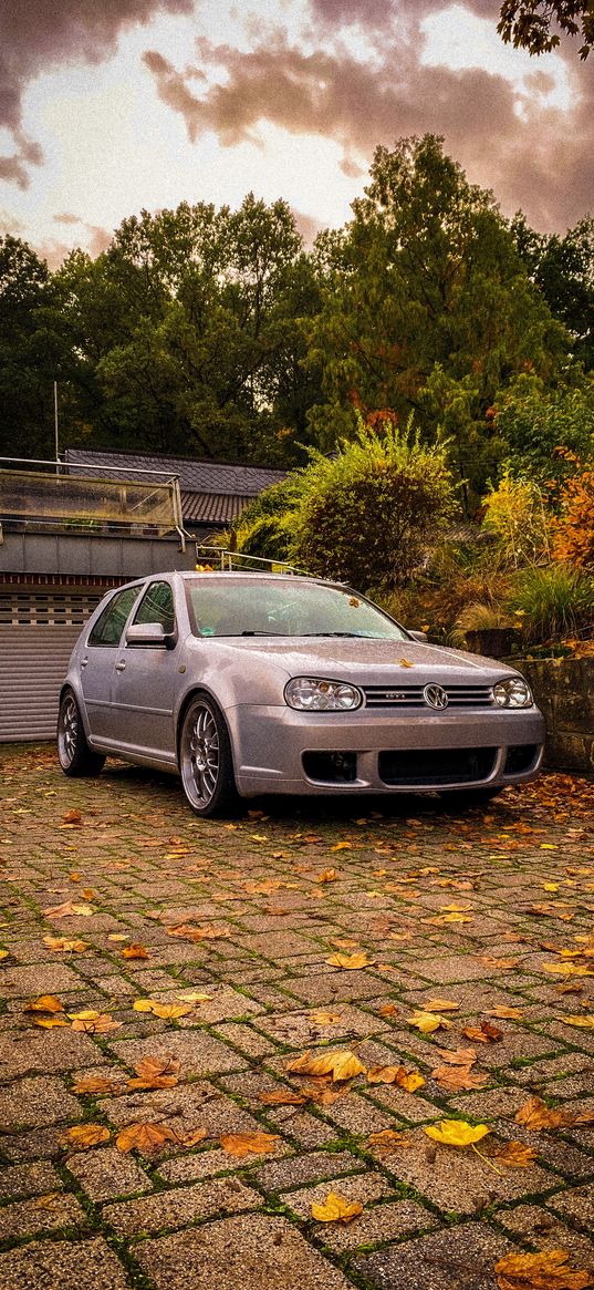 volkswagen golf, volkswagen, car, leaves, house, trees, autumn