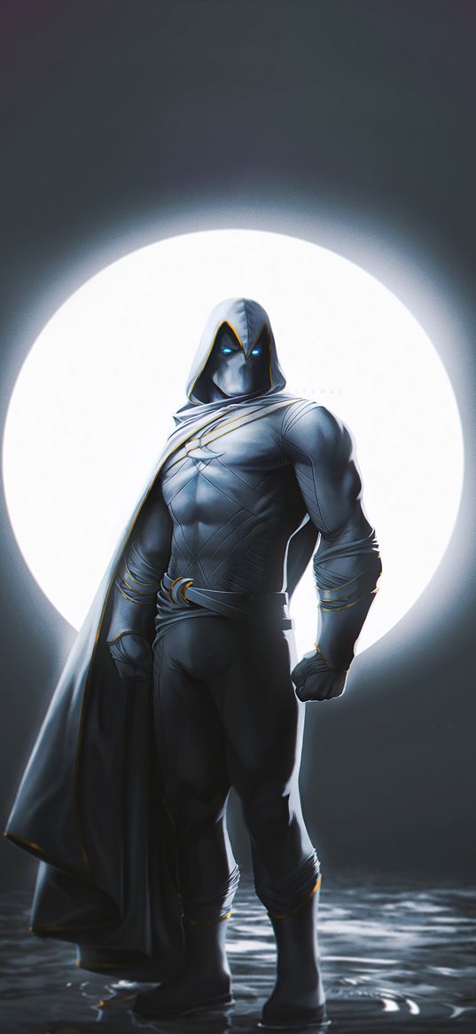 moon knight, superhero, marvel, hood, cloak, moon, sea, night, art