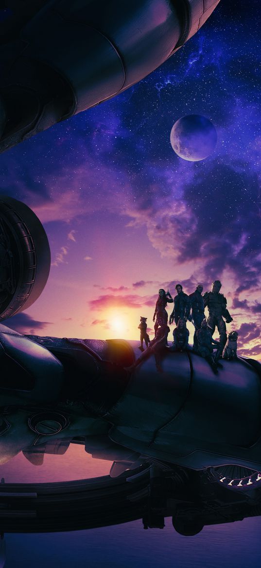 guardians of the galaxy, superheroes, marvel, characters, spaceship, moon, clouds, sunset, art