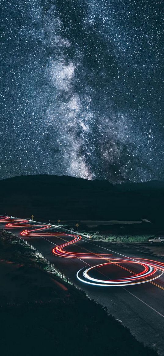 road, headlights, lights, timelapse, cars, hills, milky way, starry sky, stars, night, nature