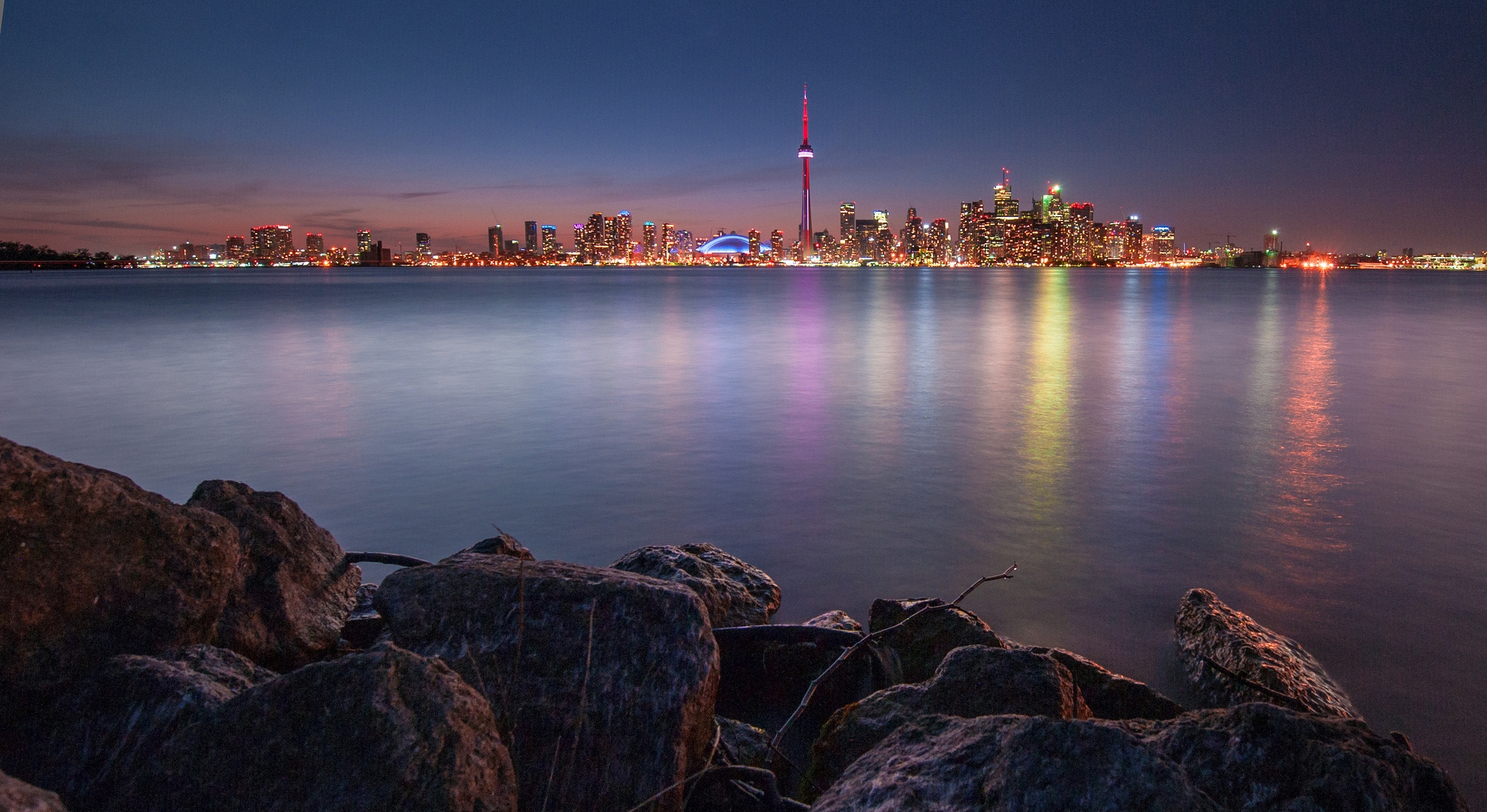 canada, lake, rocks, night, city, toronto, lights, reflection