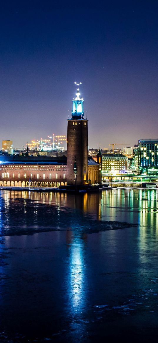 sweden, stockholm, winter, night, city hall, lights, reflection