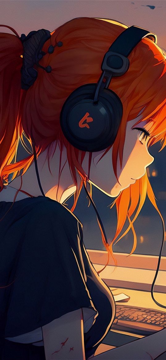 girl, headphones, computer, red hair, ponytail, art