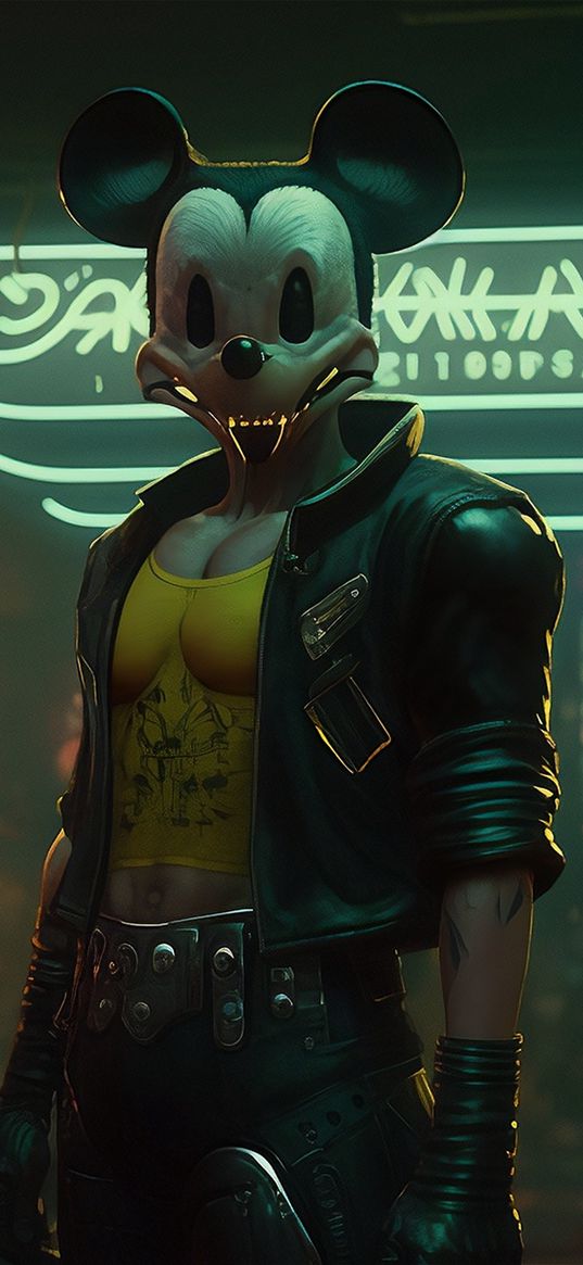 man, mask, neon, inscriptions, cyberpunk, mickey mouse