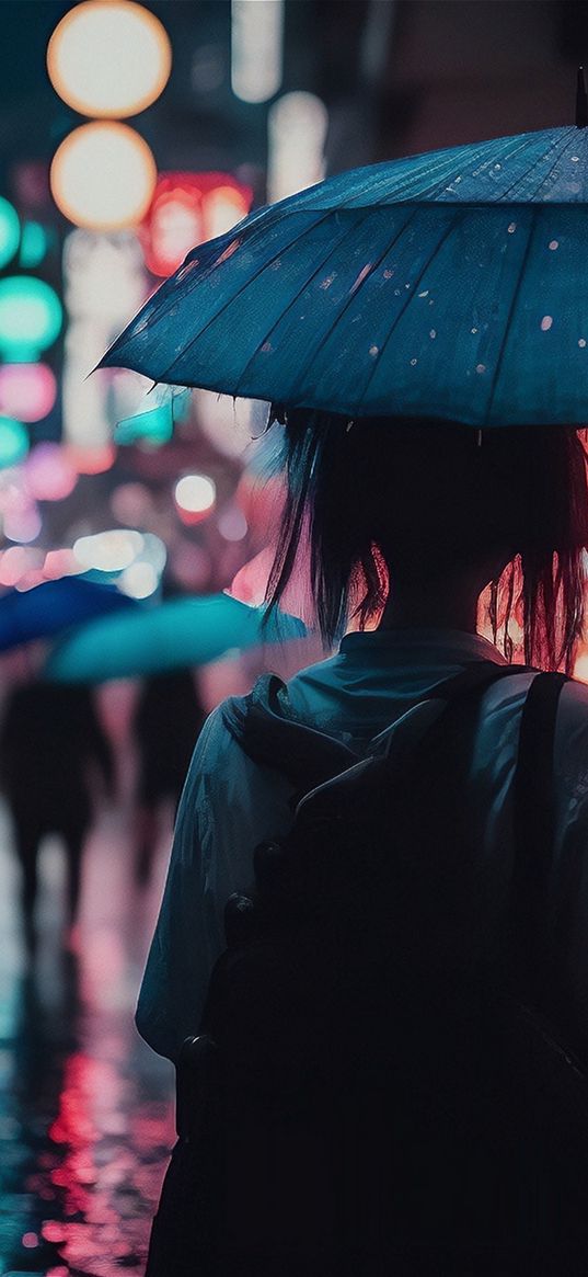 girl, umbrella, street, city, inscriptions, hieroglyphs, art