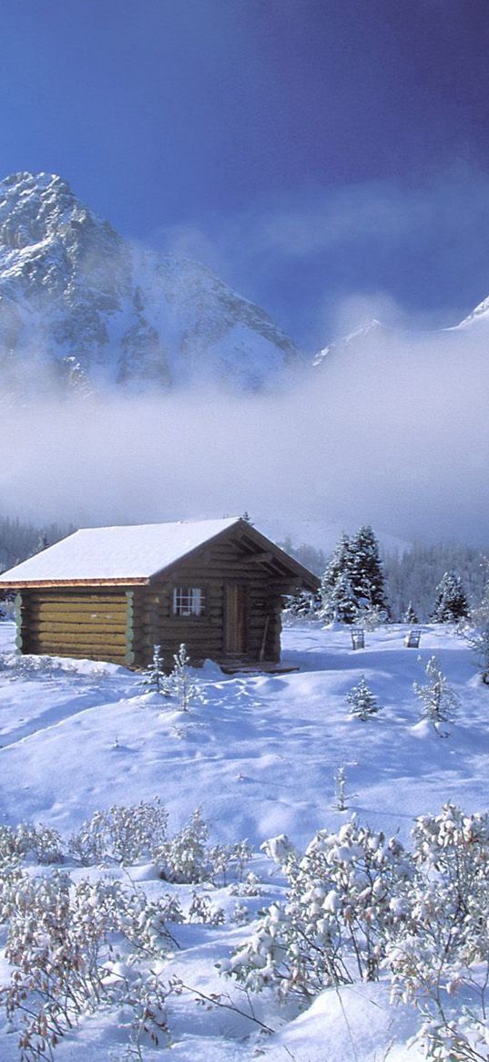 british columbia, snow, tracks, small houses, clouds, height, mountains