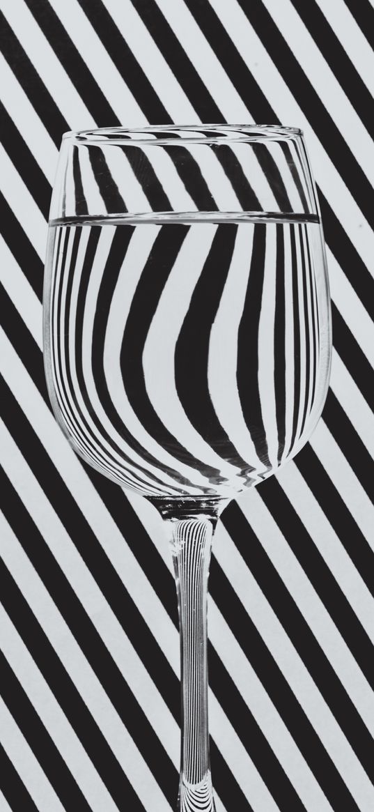 glass, water, stripes, distortion, illusion, black and white