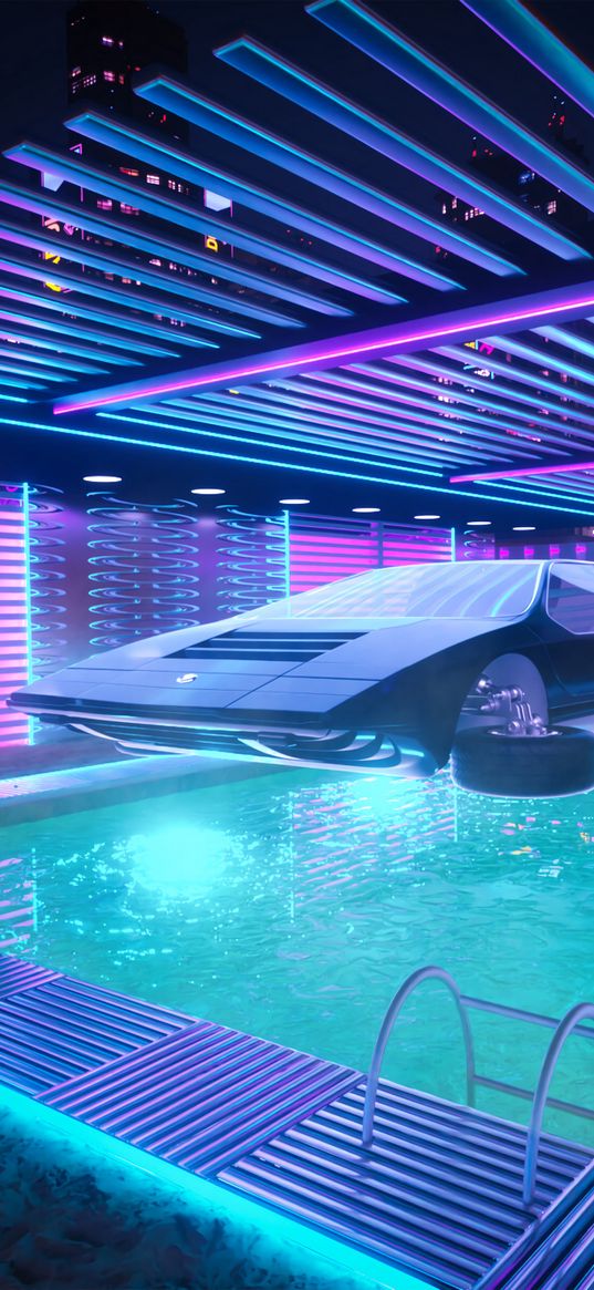 flying car, swimming pool, neon, cyberpunk, art