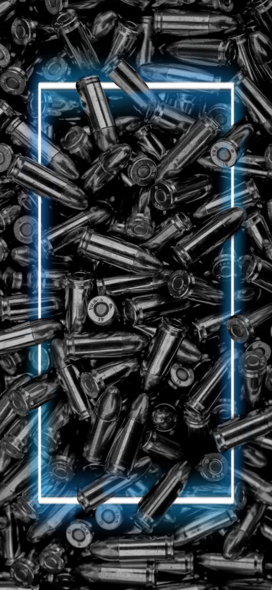 bullets, cartridges, neon, rectangle, blue, dark