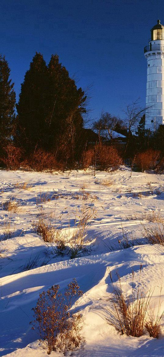 snow, beacon, trees, lake michigan