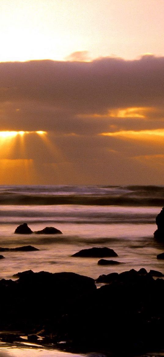 oregon, stones, blocks, sea, waves, decline, sun rays, clouds