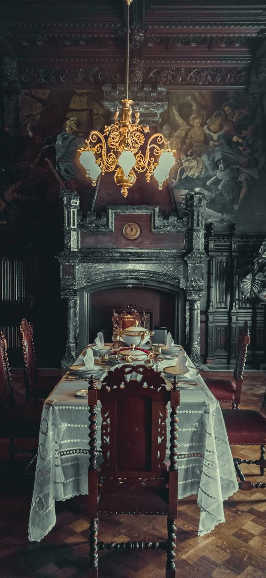 dining room, table, chairs, fireplace, fresco, interior, gothic style