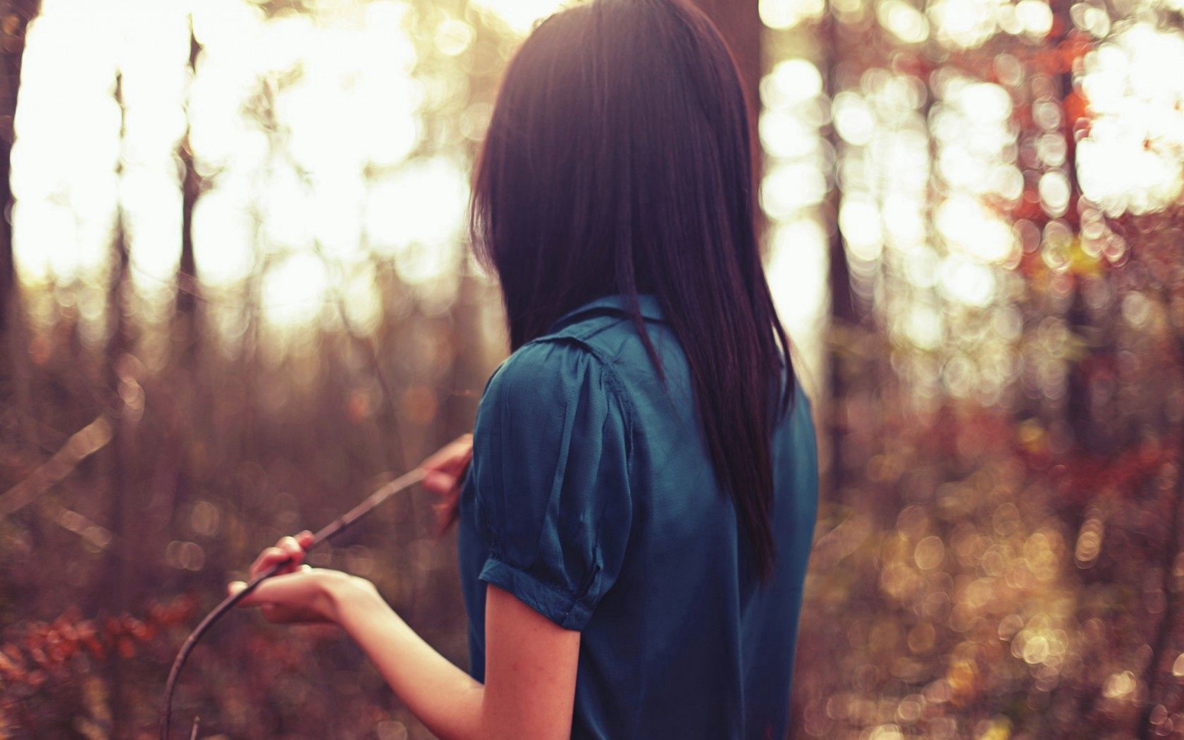 mood, girl, brunette, blouse, jacket, blue, nature, trees, sun